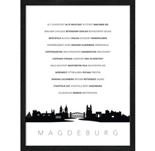 Gerahmtes Bild mit Magdeburger Skyline und Stadtteilnamen