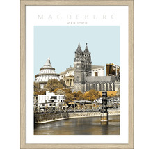 Gerahmtes Bild von Magdeburg mit Wahrzeichen und Fluss