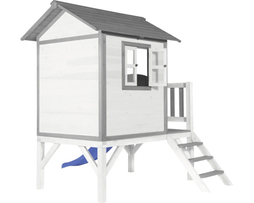 Spielhaus aus Holz mit Rutsche und Treppe