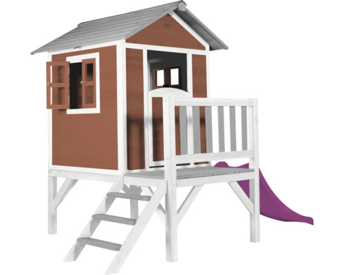 Spielhaus mit Stelzen axi Lodge 240 x 167 cm Holz rot inkl. Rutsche rot/lila Spielhaus aus Holz mit Rutsche und Treppe