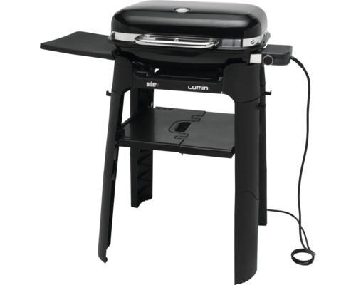 Schwarzer Weber Lumin Elektrogrill mit Ständer und Ablagetisch.
