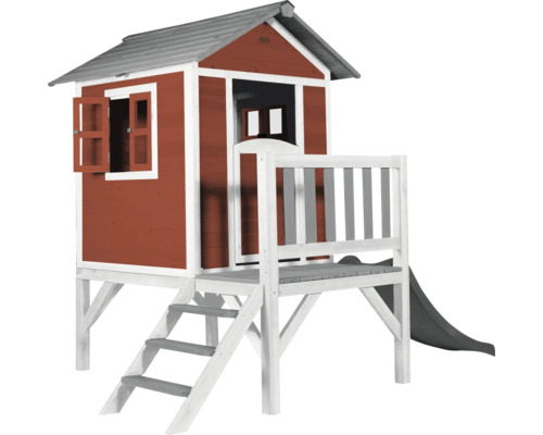 Spielhaus aus Holz mit Rutsche und Treppe