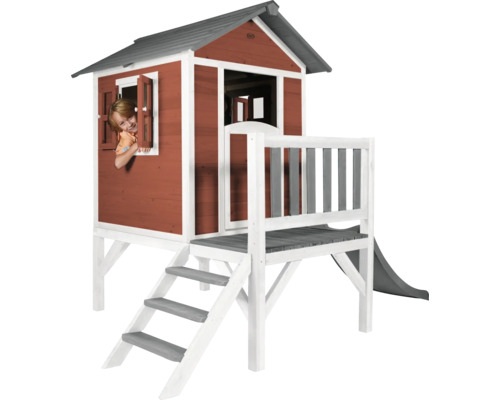Spielhaus mit Stelzen axi Lodge 240 x 167 cm Holz rot inkl. Rutsche rot/grau Spielhaus aus Holz mit Rutsche und Leiter