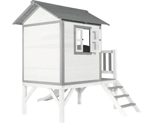 Spielhaus aus Holz mit Rutsche, Treppe, Fenster und Geländer