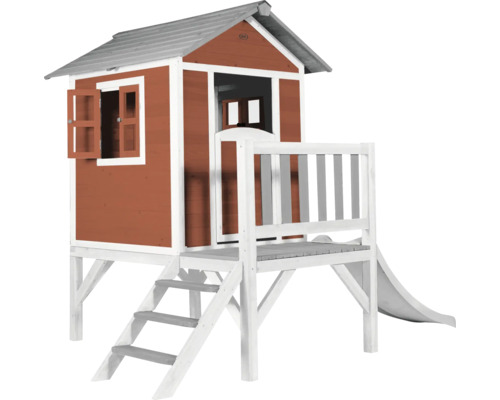 Spielhaus mit Stelzen axi Lodge 240 x 167 cm Holz rot inkl. Rutsche rot/weiß Spielhaus aus Holz mit Rutsche und Treppe