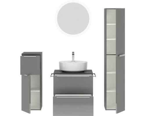 Badezimmerensemble mit Waschtisch, Spiegel und Hochschrank zur Aufbewahrung