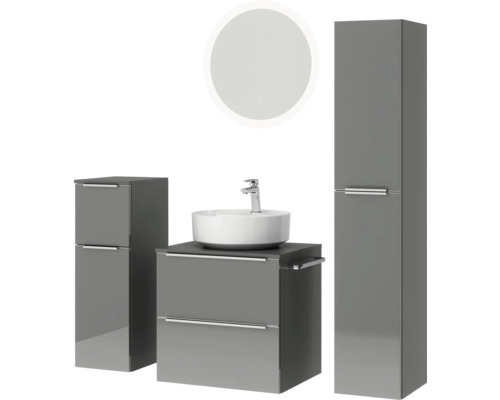 Badezimmerensemble mit Waschtisch, Aufsatzwaschbecken, Spiegelschrank und Hochschrank