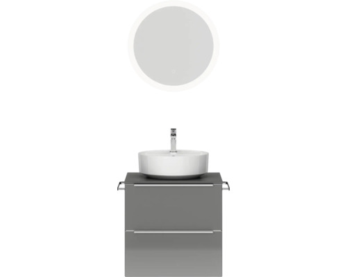Badmöbel-Set NOBILIA Programm 3 BxHxT 61 x 169,1 x 48,7 cm Frontfarbe grau hochglanz mit Aufsatz-Waschtisch weiß und Spiegel rund mit LED-Beleuchtung Griffleiste chrom matt 348