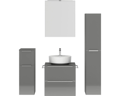 Badmöbel-Set NOBILIA Programm 3 BxHxT 140 x 169,1 x 48,7 cm Frontfarbe grau hochglanz mit Aufsatz-Waschtisch und Spiegelschrank 1-türig mit LED-Beleuchtung Unterschrank Midischrank Griffleiste chrom matt 364 Badmöbelset mit Waschbecken, Spiegelschrank und Schränken