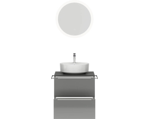 Badezimmerensemble mit rundem Spiegel, Aufsatzwaschbecken und Unterschrank