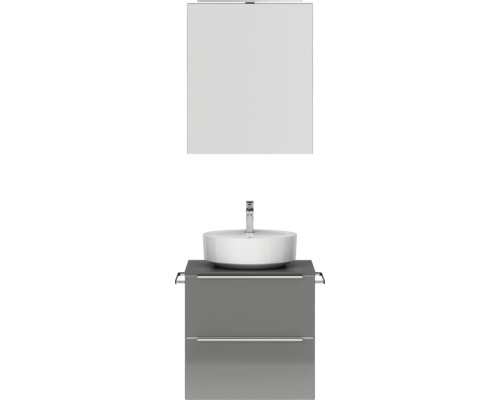 Badmöbel-Set NOBILIA Programm 3 BxHxT 61 x 169,1 x 48,7 cm Frontfarbe grau hochglanz mit Aufsatz-Waschtisch und Spiegelschrank 1-türig mit LED-Beleuchtung Griffleiste chrom matt 340 Waschtisch mit Aufsatzwaschbecken, Unterschrank und Spiegelschrank für das Badezimmer