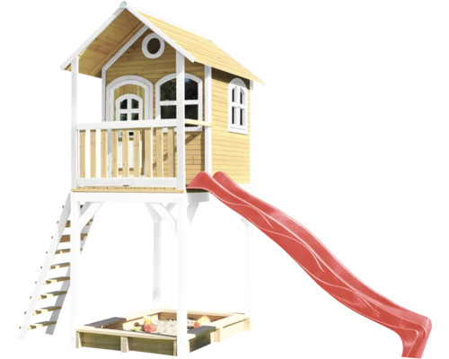 Spielhaus mit Stelzen axi 420 x 191 cm Holz braun inkl. Rutsche rot Holzspielhaus mit Rutsche, Sandkasten und Leiter für Kinder