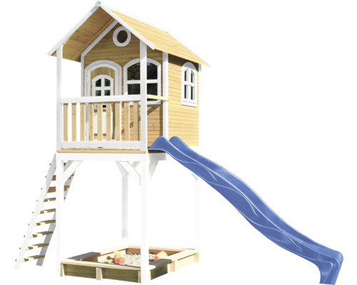 Spielhaus mit Stelzen axi 420 x 191 cm Holz braun inkl. Rutsche blau