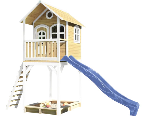 Spielhaus mit Stelzen axi 420 x 191 cm Holz braun inkl. Rutsche blau Spielhaus aus Holz mit Rutsche und Sandkasten
