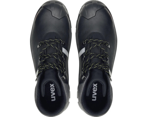 Paar schwarze Uvex Sicherheitsschuhe von oben