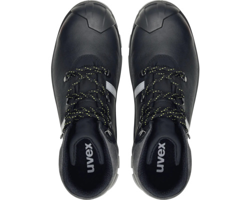 Paar schwarze Uvex Sicherheitsstiefel von oben