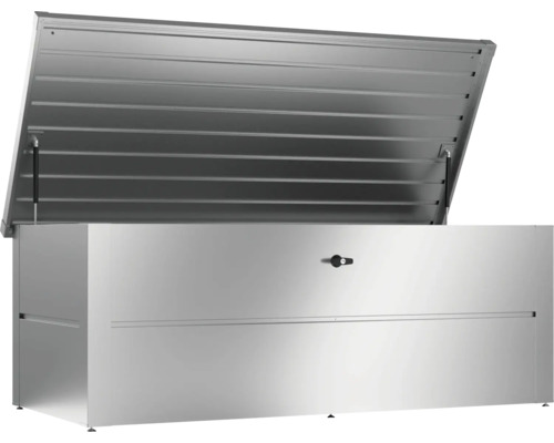 Metall Gartenbox mit geöffnetem Deckel zur Aufbewahrung im Aussenbereich