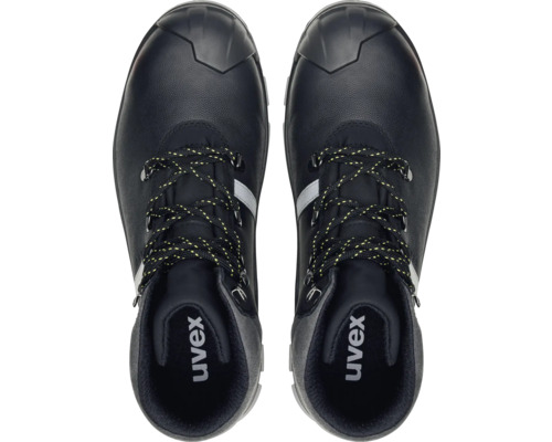 Paar schwarze Uvex Sicherheitsschuhe mit Schnürsenkeln von oben
