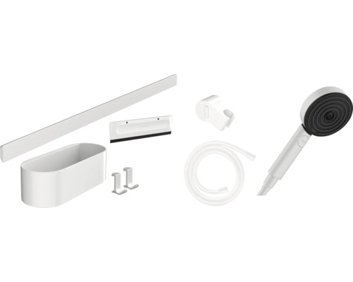 Handbrause Set hansgrohe WallStoris weiß matt inkl. Brauseschlauch 1600 mm 24291700 Badzubehörset mit Brausekopf, Brauseschlauch, Halterung, Ablage, Duschabzieher und Haken