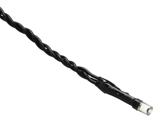 Detailaufnahme einer LED-Lichterkette mit schwarzem Kabel