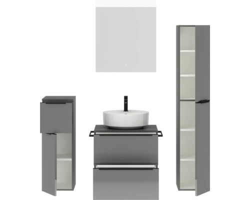 Badezimmer-Set mit Waschtisch, Aufsatzwaschbecken, Spiegelschrank und Hochschränken