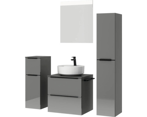 Graues Badezimmerset mit Waschbecken, Unterschrank, Spiegelschrank und Hochschrank für Badezimmer