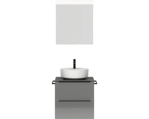 Badmöbel-Set NOBILIA Programm 3 BxHxT 61 x 169,1 x 48,7 cm Frontfarbe grau hochglanz mit Aufsatz-Waschtisch weiß und Spiegel mit LED-Beleuchtung Griffleiste schwarz 333