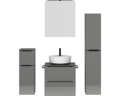 Badmöbel-Set NOBILIA Programm 3 BxHxT 140 x 169,1 x 48,7 cm Frontfarbe grau hochglanz mit Aufsatz-Waschtisch und Spiegelschrank 1-türig mit LED-Beleuchtung Unterschrank Midischrank Griffleiste schwarz 365 Badezimmer-Set mit Waschtisch, Waschbecken, Spiegelschrank und Hochschrank
