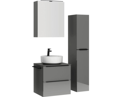 Badezimmer-Set mit Waschbecken, Unterschrank, Spiegelschrank und Hochschrank