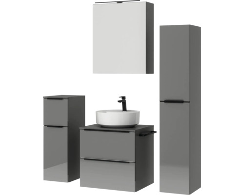Badezimmer-Set mit Waschbecken, Unterschrank, Spiegelschrank und Hochschrank