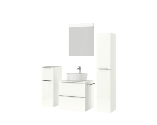 Badezimmermöbel Set mit Waschtisch, Aufsatzwaschbecken, Spiegelschrank und Hochschränken