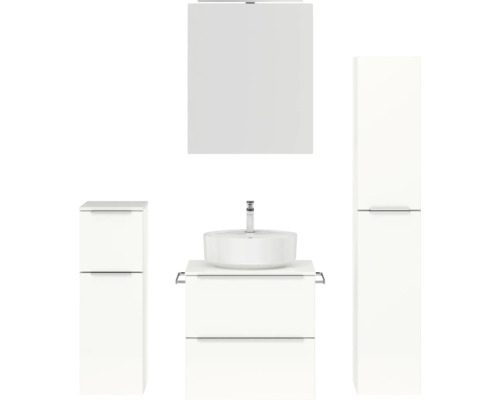 Badmöbel-Set NOBILIA Programm 3 BxHxT 140 x 169,1 x 48,7 cm Frontfarbe weiß hochglanz mit Aufsatz-Waschtisch und Spiegelschrank 1-türig mit LED-Beleuchtung Unterschrank Midischrank Griffleiste chrom matt 362 Badezimmerset mit Waschbecken, Spiegelschrank und Unterschränken