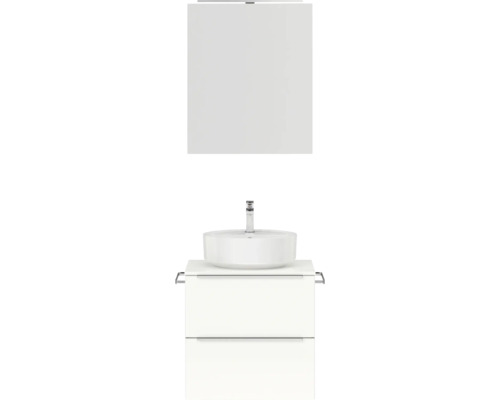 Badmöbel-Set NOBILIA Programm 3 BxHxT 61 x 169,1 x 48,7 cm Frontfarbe weiß hochglanz mit Aufsatz-Waschtisch und Spiegelschrank 1-türig mit LED-Beleuchtung Griffleiste chrom matt 338 Badezimmerensemble mit Waschtisch, Aufsatzwaschbecken und Spiegelschrank