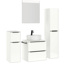 Badezimmerensemble mit Spiegelschrank, Waschtischunterschrank, Aufsatzwaschbecken und Hochschrank