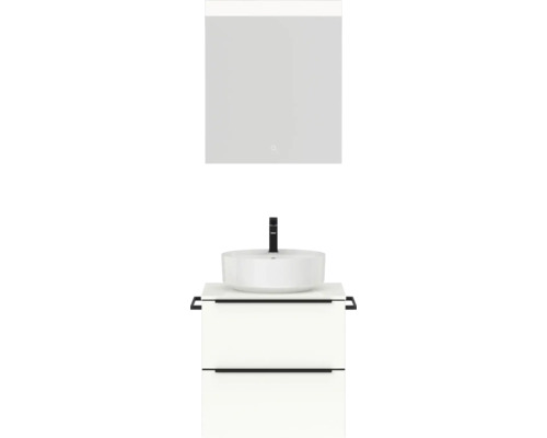 Badmöbel-Set NOBILIA Programm 3 BxHxT 61 x 169,1 x 48,7 cm Frontfarbe weiß hochglanz mit Aufsatz-Waschtisch weiß und Spiegel mit LED-Beleuchtung Griffleiste schwarz 331