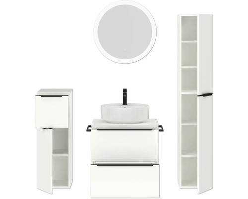 Badezimmerensemble mit Waschtisch, Aufsatzwaschbecken, Spiegelschrank und Hochschrank