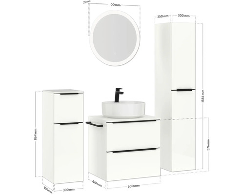 Badezimmerensemble mit Waschtisch, Spiegel und Hochschrank mit Schubladen