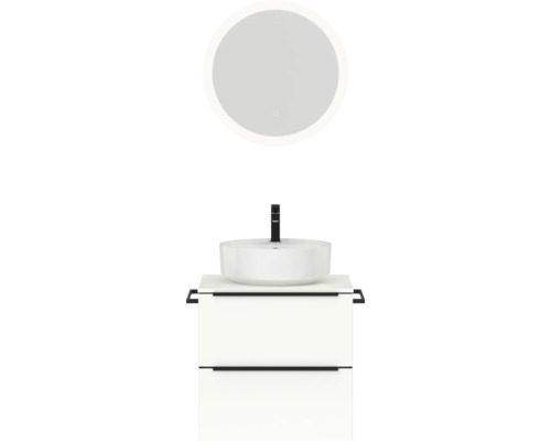 Badmöbel-Set NOBILIA Programm 3 BxHxT 61 x 169,1 x 48,7 cm Frontfarbe weiß hochglanz mit Aufsatz-Waschtisch weiß und Spiegel rund mit LED-Beleuchtung Griffleiste schwarz 347