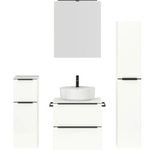 Badezimmerensemble mit Waschtisch, Waschtischunterschrank, Spiegelschrank und Hochschrank