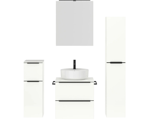 Badmöbel-Set NOBILIA Programm 3 BxHxT 140 x 169,1 x 48,7 cm Frontfarbe weiß hochglanz mit Aufsatz-Waschtisch und Spiegelschrank 1-türig mit LED-Beleuchtung Unterschrank Midischrank Griffleiste schwarz 363 Badezimmerensemble mit Waschtisch, Waschtischunterschrank, Spiegelschrank und Hochschrank