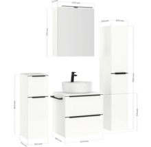 Badezimmer-Set mit Waschbecken, Unterschrank, Spiegelschrank und Hochschrank mit Maßangaben