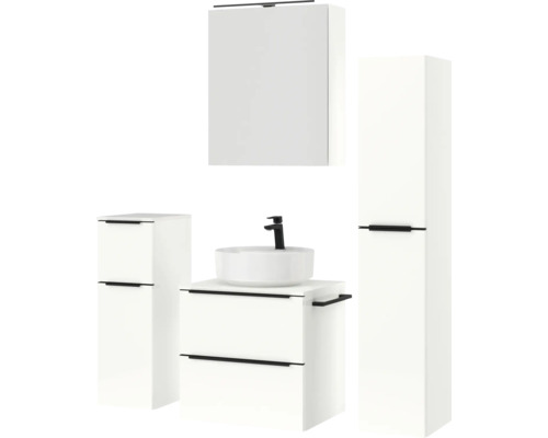 Badezimmerensemble mit Waschtisch, Unterschrank, Spiegelschrank und Hochschrank