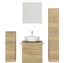 Badmöbel-Set NOBILIA Programm 3 BxHxT 140 x 169,1 x 48,7 cm Frontfarbe eiche natur mit Aufsatz-Waschtisch weiß und Spiegel mit LED-Beleuchtung Midischrank Unterschrank Griffleiste chrom matt 358