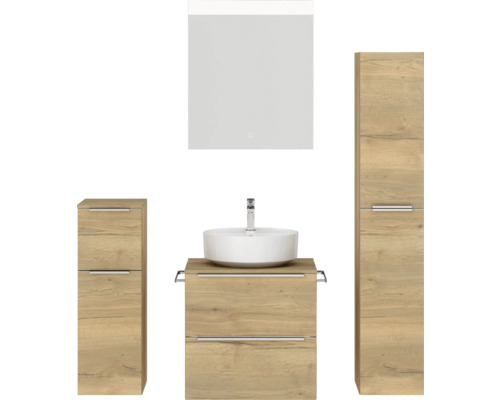 Badmöbel-Set NOBILIA Programm 3 BxHxT 140 x 169,1 x 48,7 cm Frontfarbe eiche natur mit Aufsatz-Waschtisch weiß und Spiegel mit LED-Beleuchtung Midischrank Unterschrank Griffleiste chrom matt 358 Badmöbel-Set NOBILIA Programm 3 BxHxT 140 x 169,1 x 48,7 cm Frontfarbe eiche natur mit Aufsatz-Waschtisch weiß und Spiegel mit LED-Beleuchtung Midischrank Unterschrank Griffleiste chrom matt 358