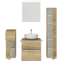 Badmöbel-Set NOBILIA Programm 3 BxHxT 140 x 169,1 x 48,7 cm Frontfarbe eiche natur mit Aufsatz-Waschtisch weiß und Spiegel mit LED-Beleuchtung Midischrank Unterschrank Griffleiste chrom matt 358