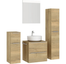Badmöbel-Set NOBILIA Programm 3 BxHxT 140 x 169,1 x 48,7 cm Frontfarbe eiche natur mit Aufsatz-Waschtisch weiß und Spiegel mit LED-Beleuchtung Midischrank Unterschrank Griffleiste chrom matt 358