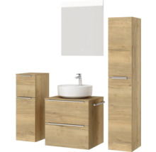 Badmöbel-Set NOBILIA Programm 3 BxHxT 140 x 169,1 x 48,7 cm Frontfarbe eiche natur mit Aufsatz-Waschtisch weiß und Spiegel mit LED-Beleuchtung Midischrank Unterschrank Griffleiste chrom matt 358
