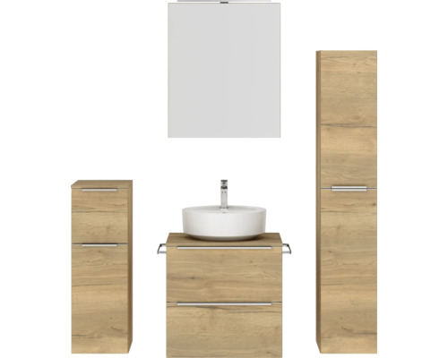 Badmöbel-Set NOBILIA Programm 3 BxHxT 140 x 169,1 x 48,7 cm Frontfarbe eiche natur mit Aufsatz-Waschtisch und Spiegelschrank 1-türig mit LED-Beleuchtung Unterschrank Midischrank Griffleiste chrom matt 366 Badezimmermöbelset mit Waschtisch, Aufsatzwaschbecken, Spiegelschrank und Hochschränken