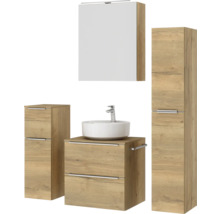 Badmöbel-Set NOBILIA Programm 3 BxHxT 140 x 169,1 x 48,7 cm Frontfarbe eiche natur mit Aufsatz-Waschtisch und Spiegelschrank 1-türig mit LED-Beleuchtung Unterschrank Midischrank Griffleiste chrom matt 366