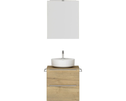 Badmöbel-Set NOBILIA Programm 3 BxHxT 61 x 169,1 x 48,7 cm Frontfarbe eiche natur mit Aufsatz-Waschtisch und Spiegelschrank 1-türig mit LED-Beleuchtung Griffleiste chrom matt 342 Badmöbelset mit Waschtisch, Unterschrank und Spiegelschrank